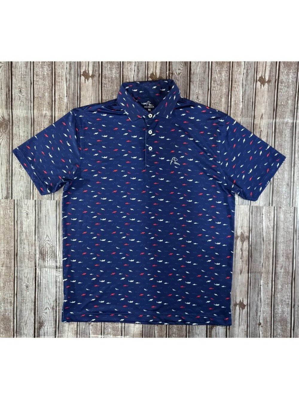 Rhoback allover print shark Polo Shirt size M color Blue Golf Performance NWOT